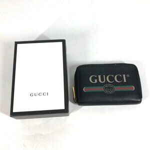 GUCCI 496319 Coin Compartment Wallet logo Zip Around coin purse Leather Black